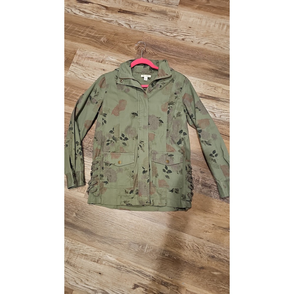 Francesca's Mi Ami Womens Floral Utility Jacket‎ Olive Green Lace Up Sides Sm